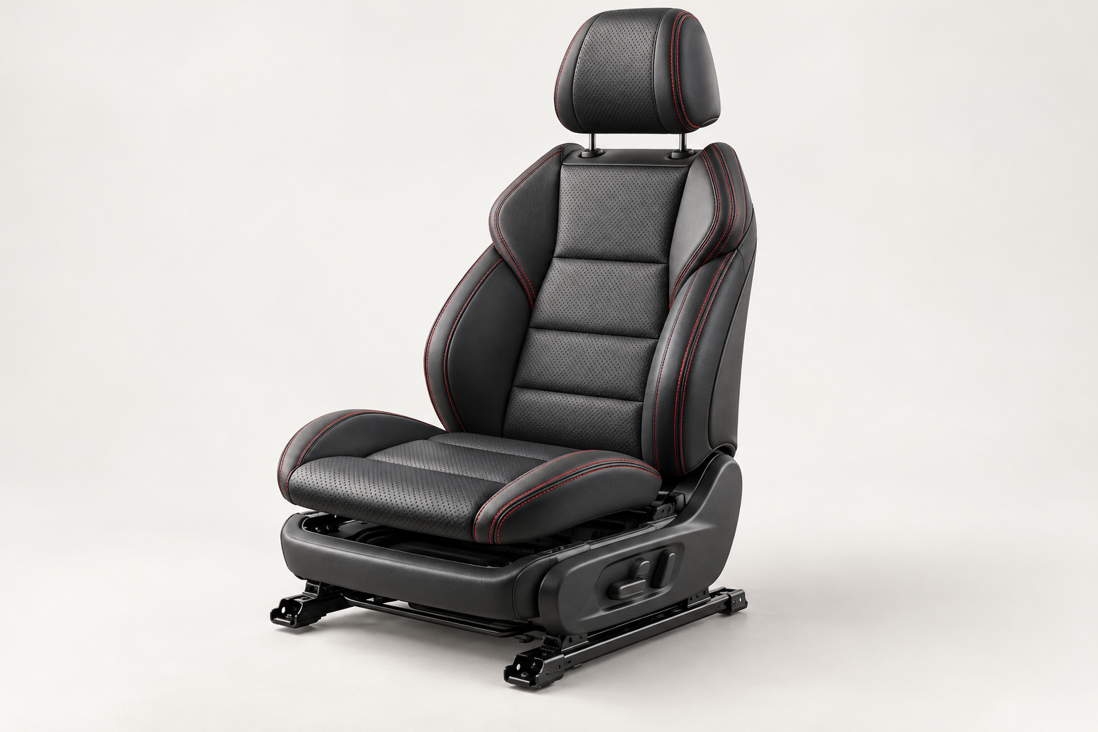 Asiento de referencia en cuero negro perforado con costuras rojas