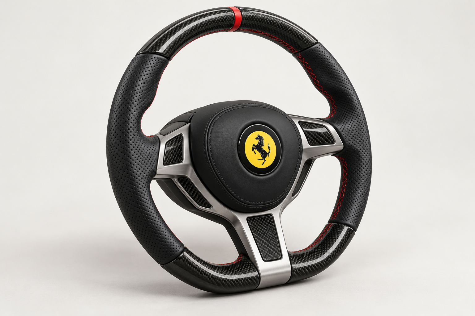 Volante de referencia Ferrari en cuero negro con costuras rojas